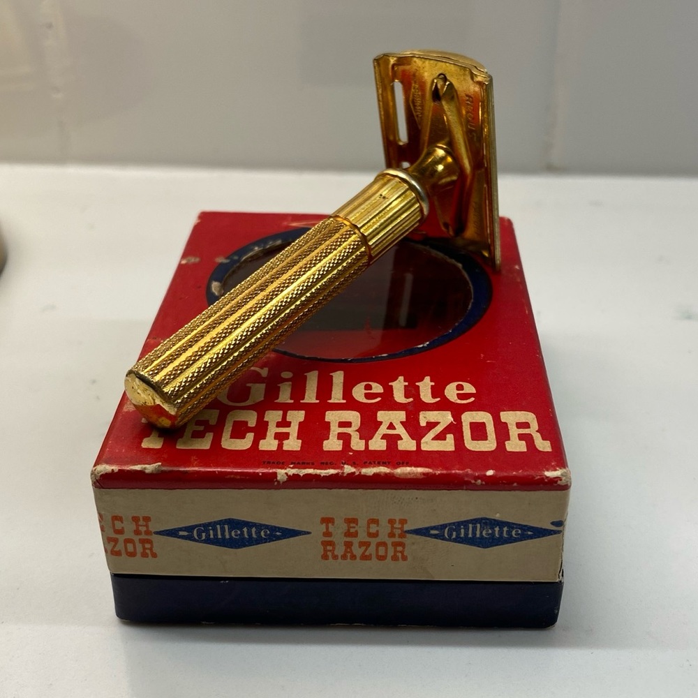 Vintage 3 piece Gold Gillette Fat Handle Tech and original Box - Picture 2 of 13